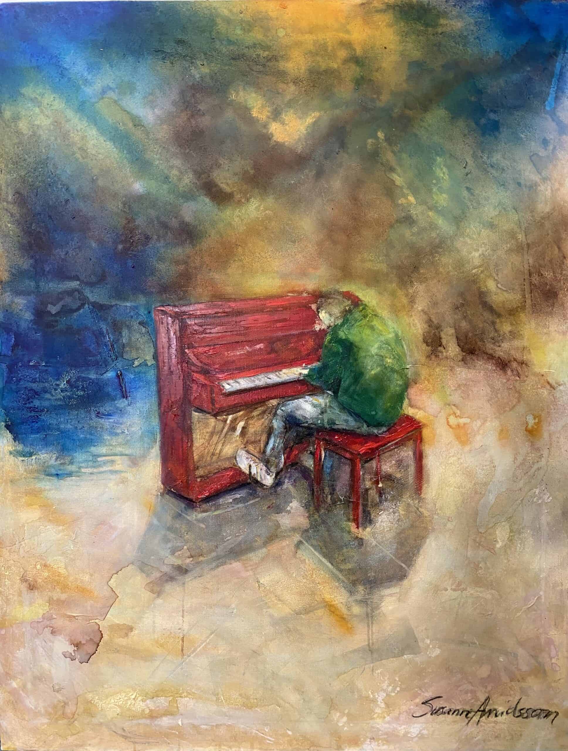 Köpa stor originaltavla – "The Lonely Pianist" i stämningsfullt ljus