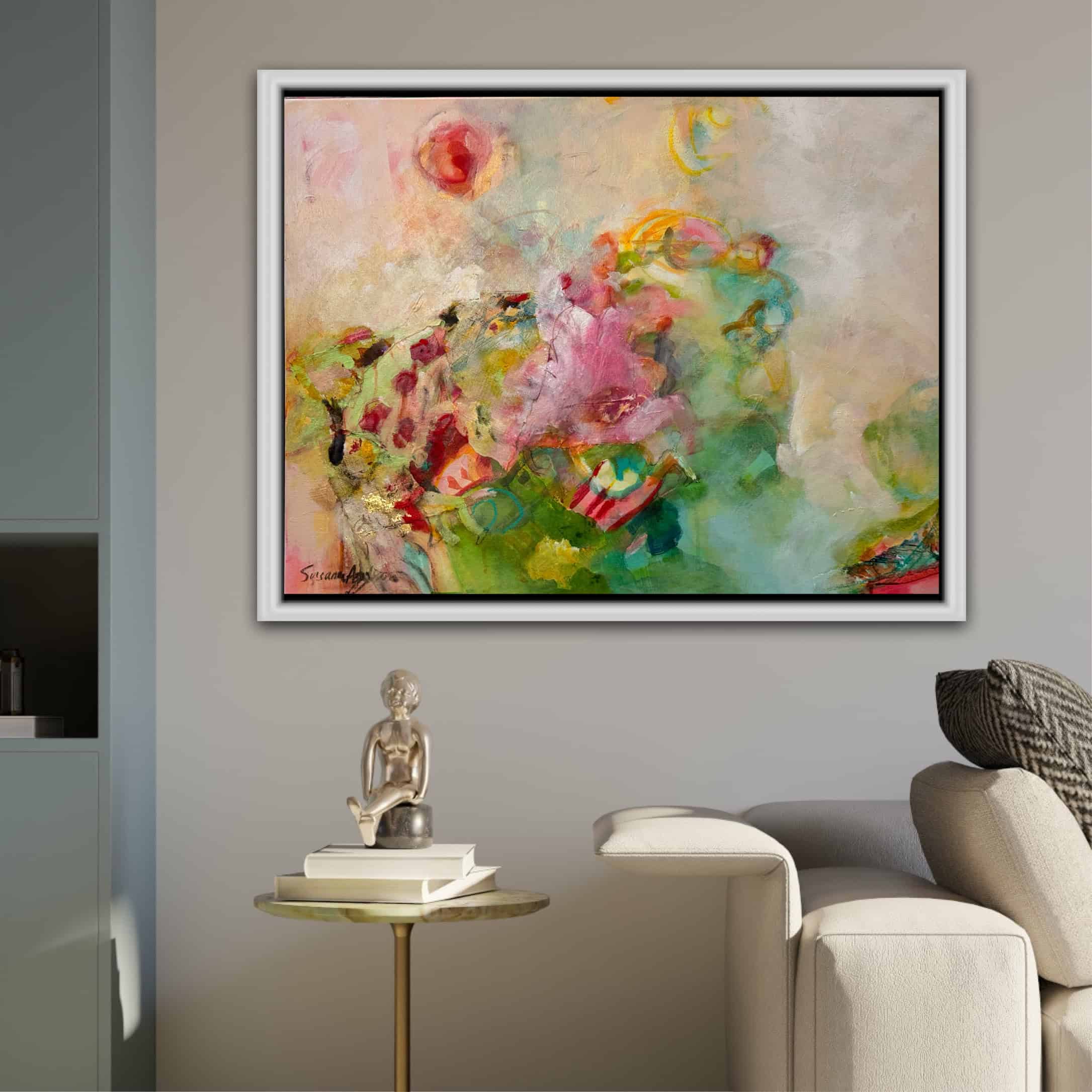 Handmålad tavla med blommotiv – ink på duk med silverram